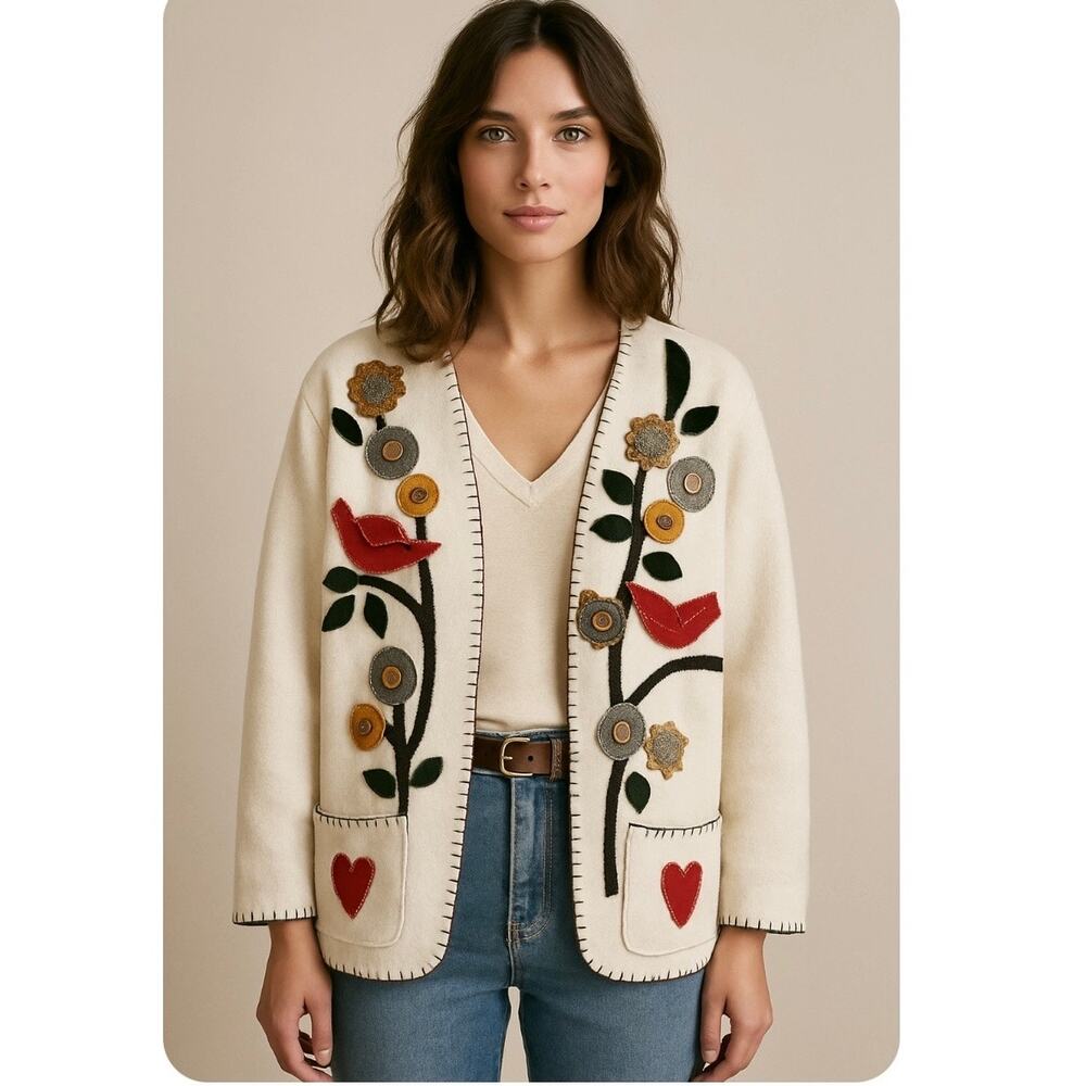 Handmade Fleece Folk Art Jacket Embroidered Patchwork Oversized Boho Cottagecore
